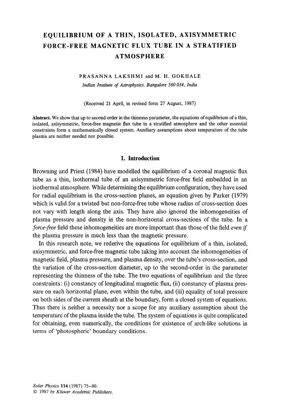 Equilibrium of a thin, isolated, axisymmetric force-free magnetic flux tube in a stratified atmosphere by Unknown