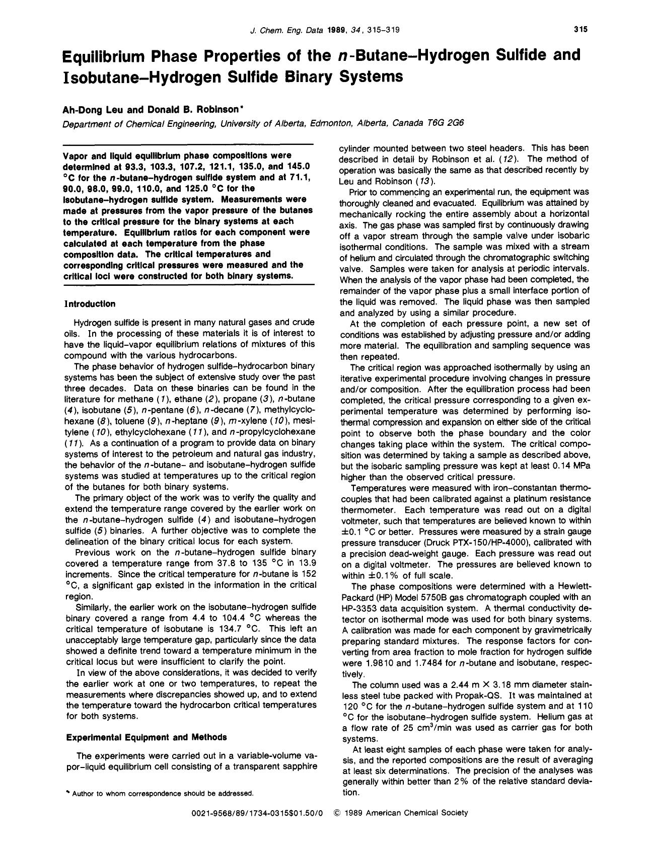 Equilibrium phase properties of the n-butane-hydrogen sulfide and isobutane-hydrogen sulfide binary systems by Ah Dong Leu Donald B. Robinson
