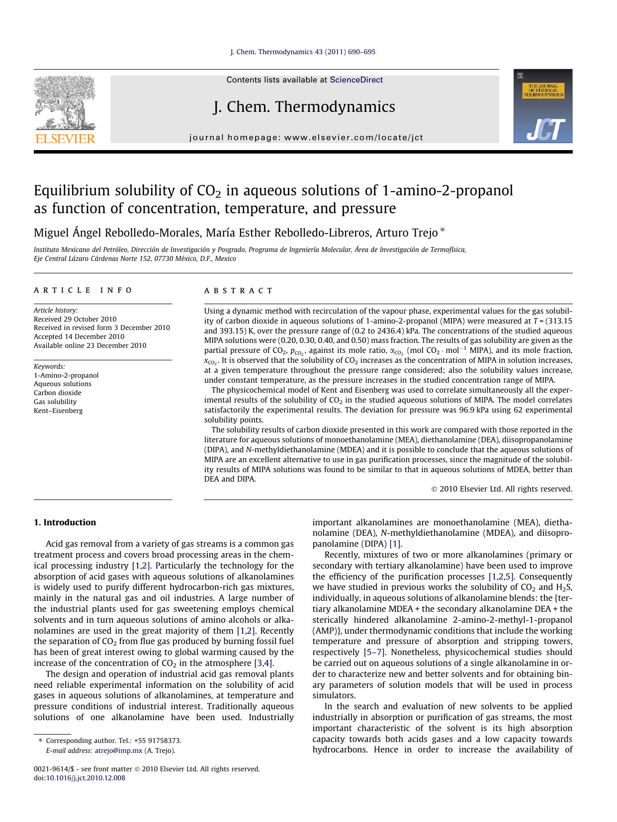 Equilibrium solubility of CO2 in aqueous solutions of 1-amino-2-propanol as function of concentration, temperature, and pressure by Miguel Ã•ngel Rebolledo-Morales & María Esther Rebolledo-Libreros & Arturo Trejo