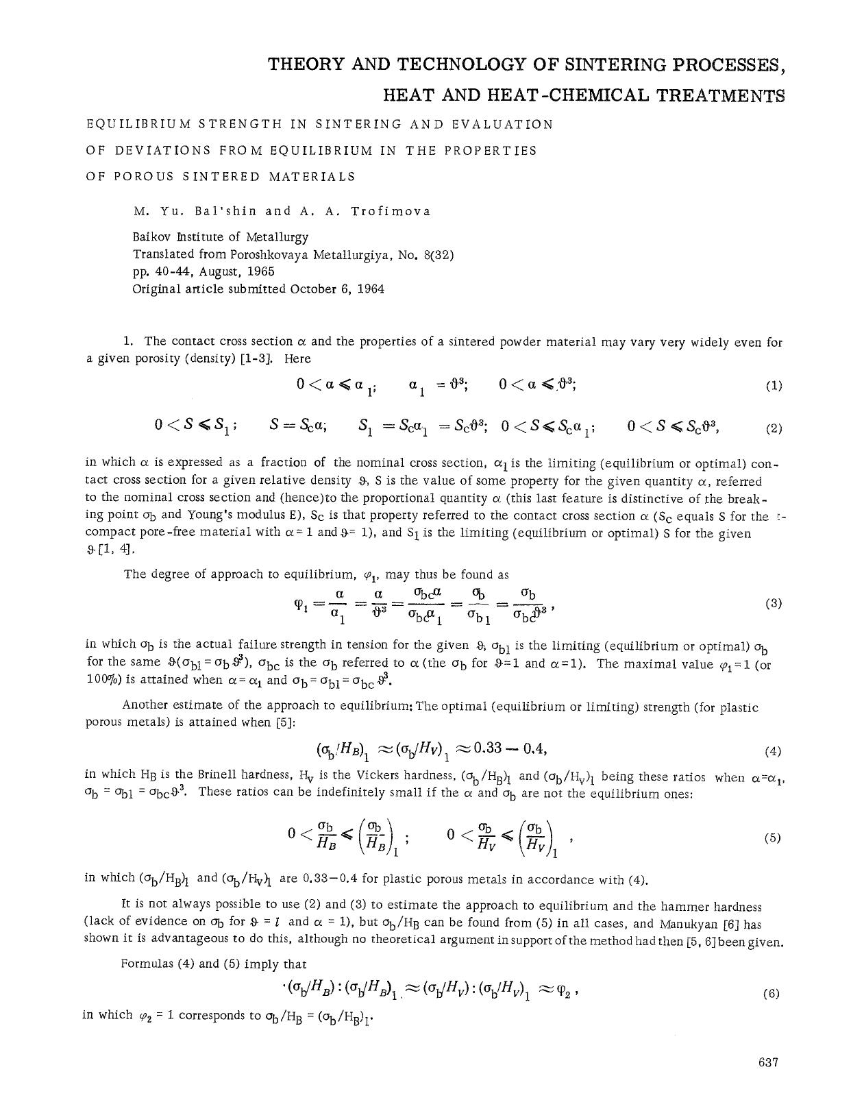 Equilibrium strength in sintering and evaluation of deviations from equilibrium in the properties of porous sintered materials by Unknown