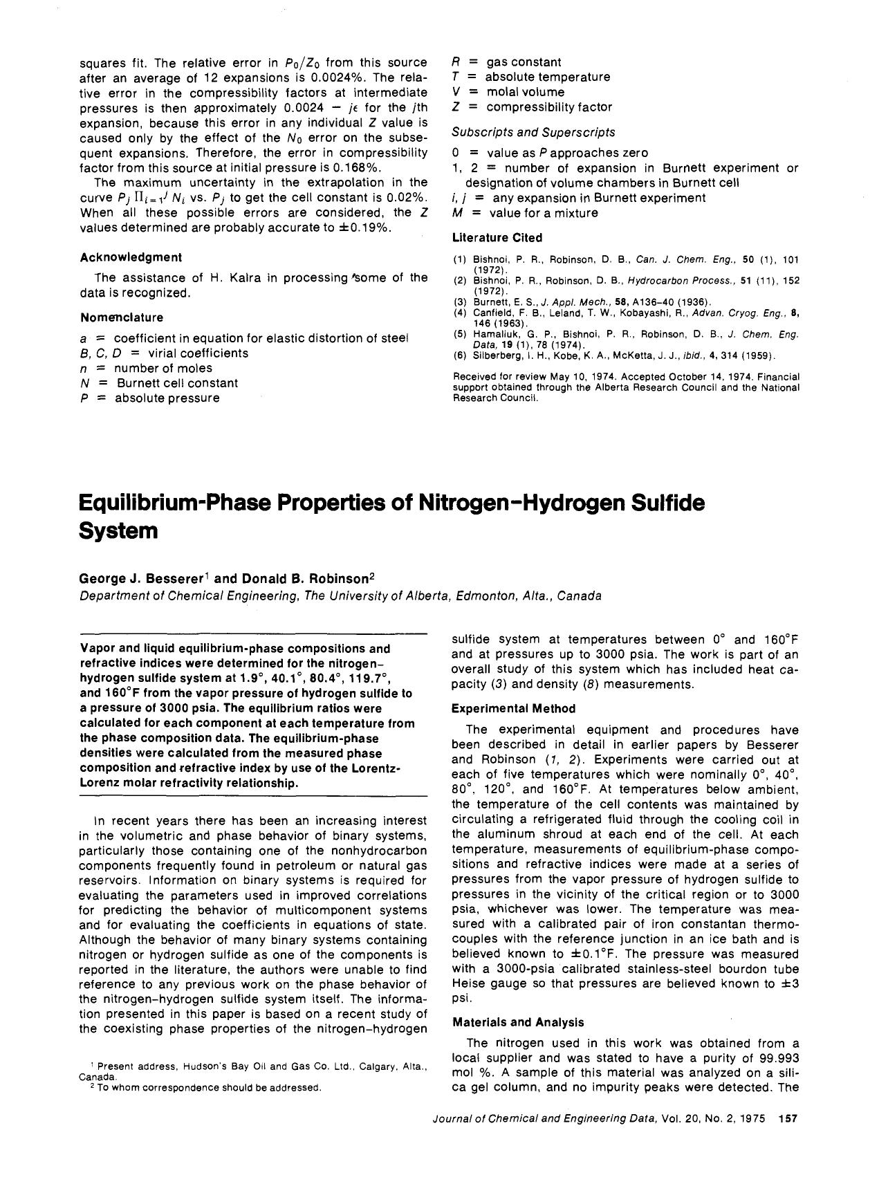 Equilibrium-phase properties of nitrogen-hydrogen sulfide system by George J. Besserer Donald B. Robinson