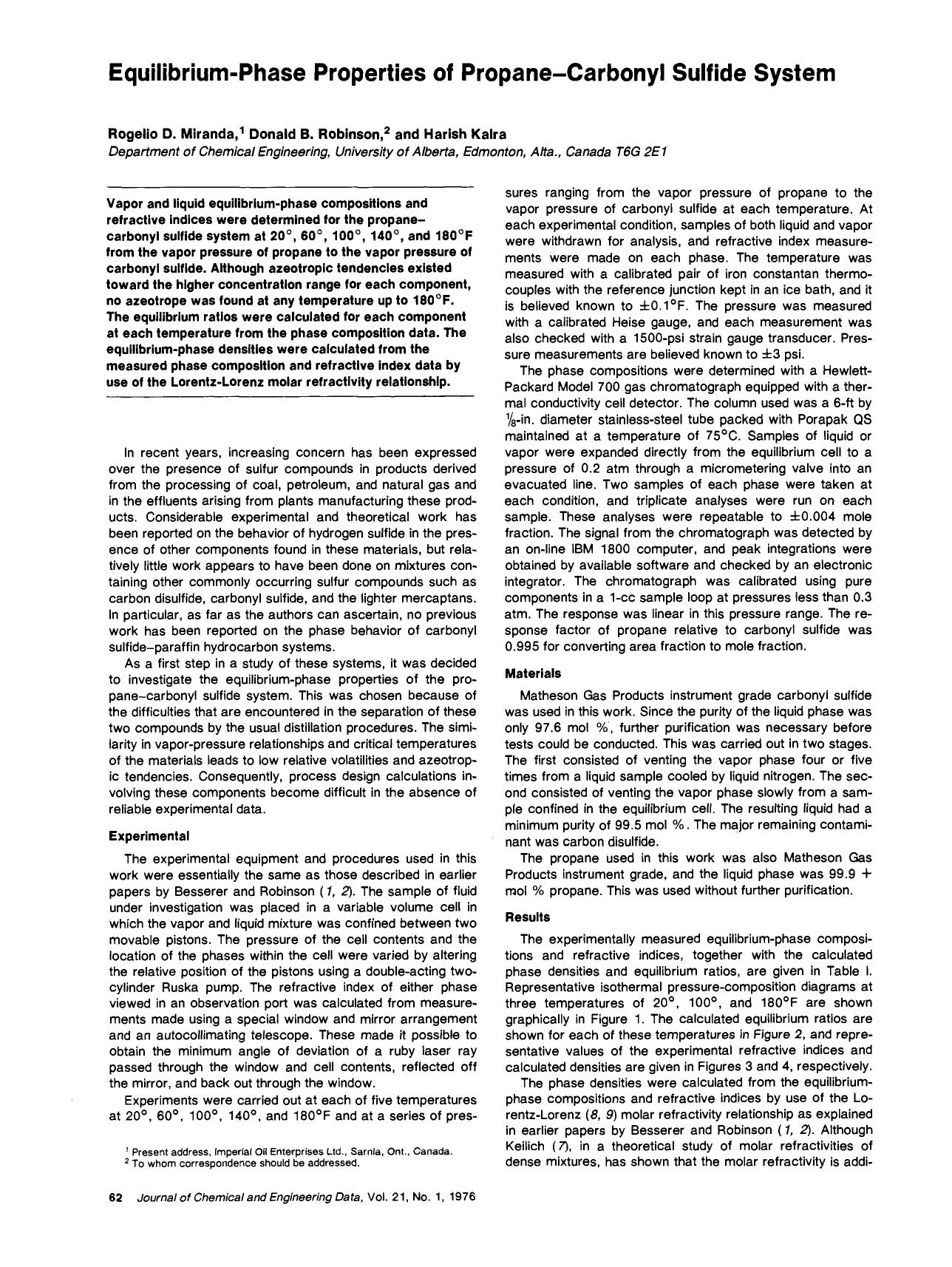 Equilibrium-phase properties of propane-carbonyl sulfide system by Rogelio D. Miranda Donald B. Robinson Harish Kalra