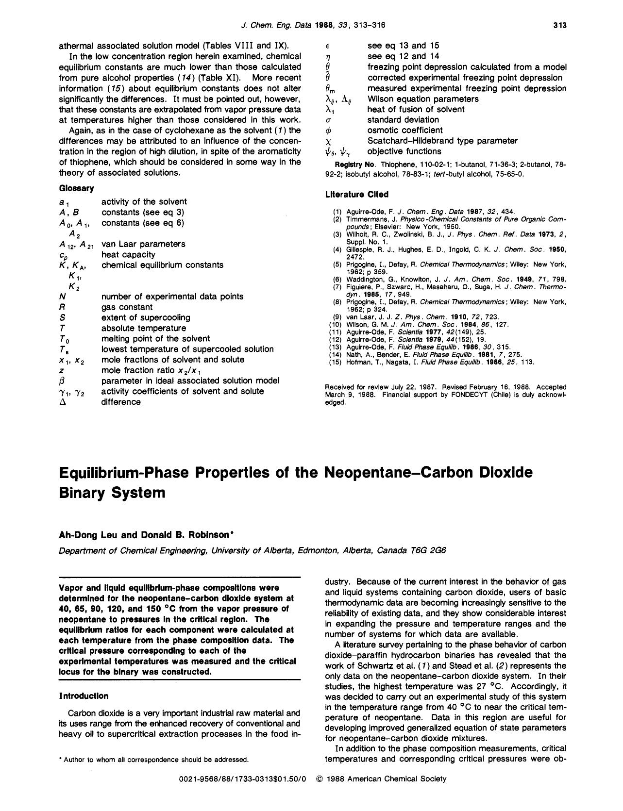 Equilibrium-phase properties of the neopentane-carbon dioxide binary system by Ah Dong Leu Donald B. Robinson