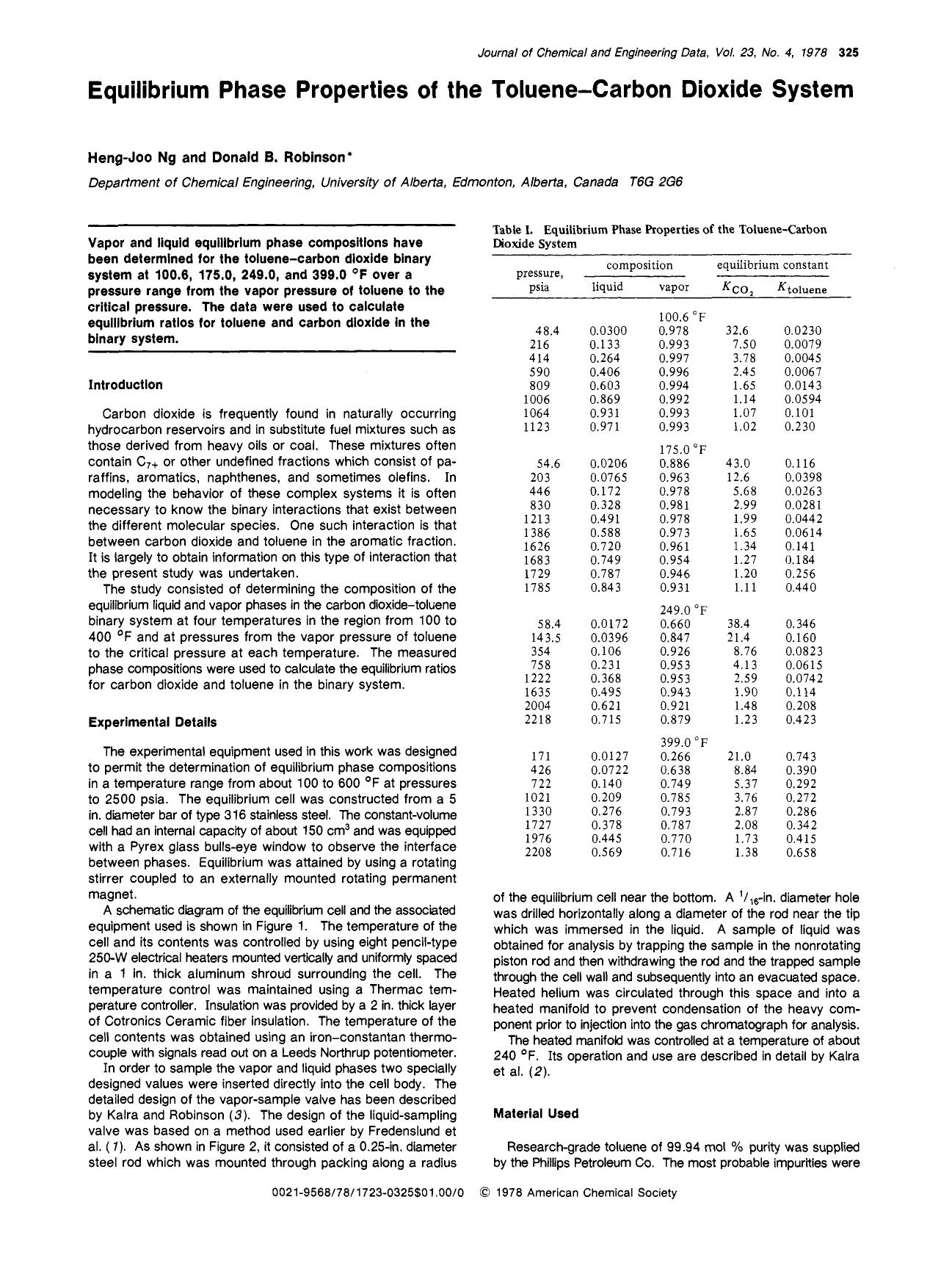 Equilibrium-phase properties of the toluene-carbon dioxide system by Heng-Joo Ng Donald B. Robinson