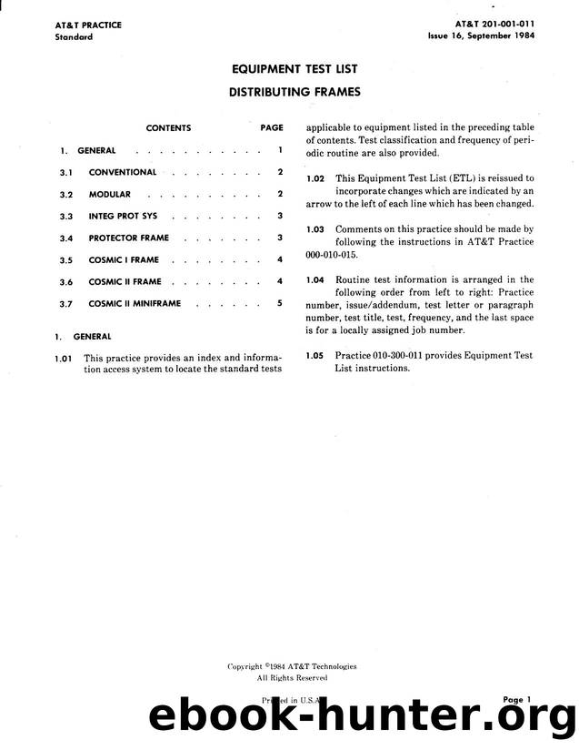 Equipment Test List Distributing Frames by AT&&T |