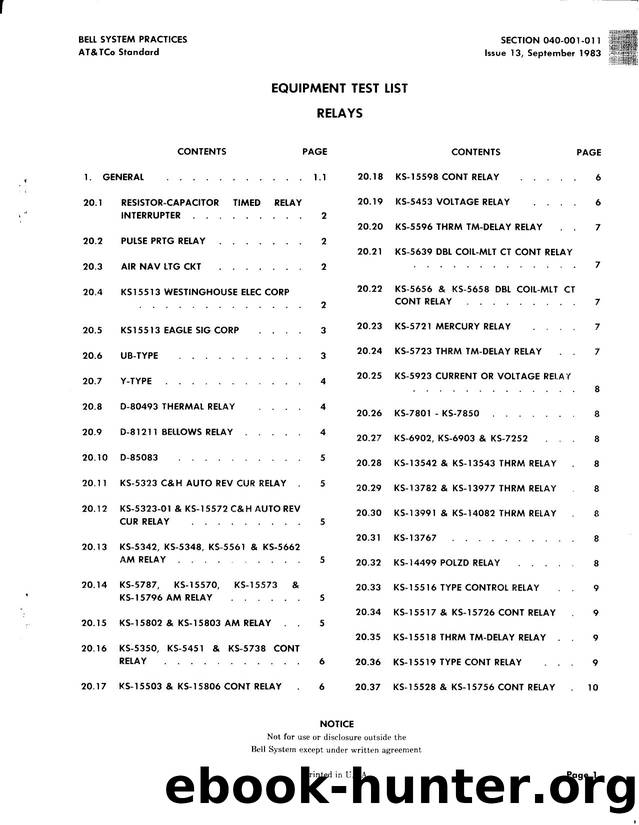 Equipment Test List Relays by AT&&T