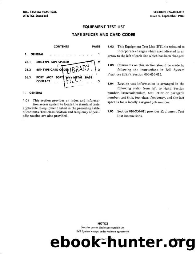 Equipment Test List Tape Splicer and Card Coder by AT&&T