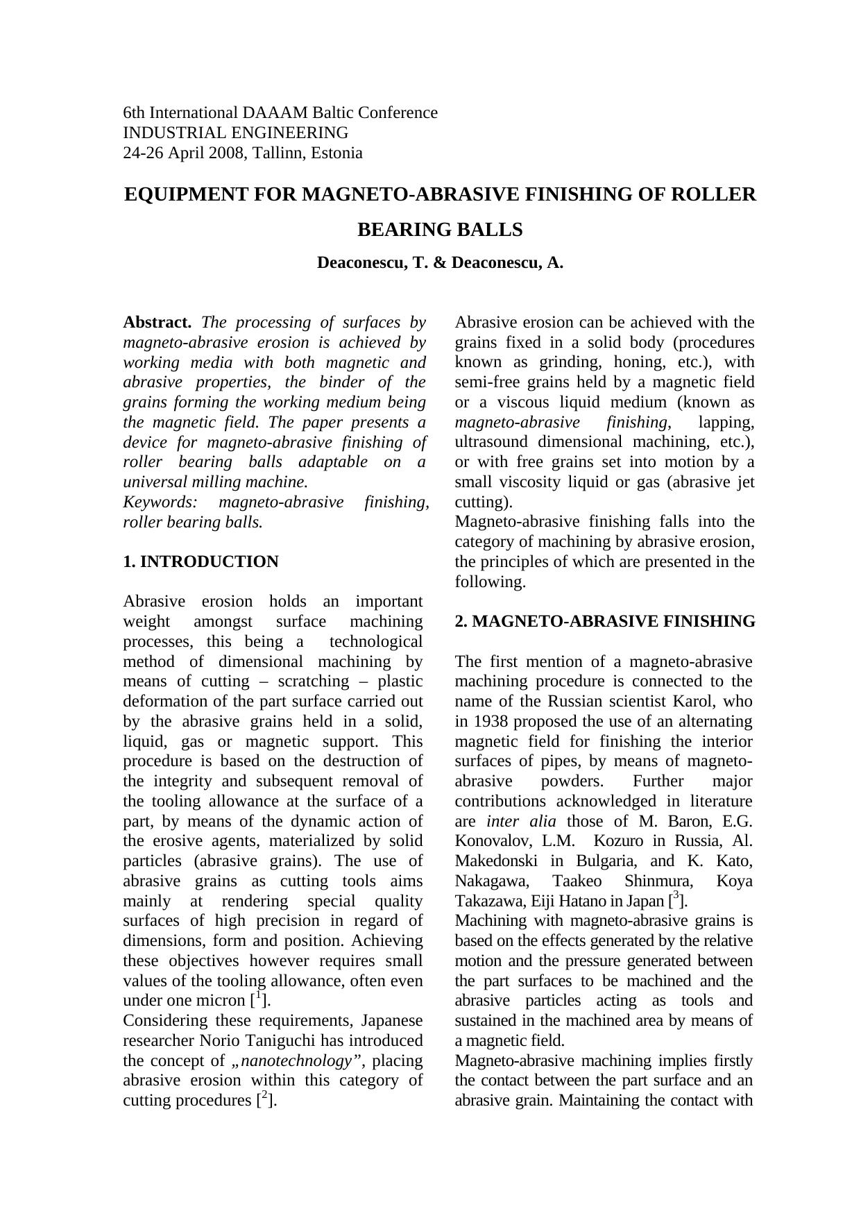 Equipment for Magneto-Abrasive Finishing of Roller Bearing Balls by Deaconescu T. Deaconescu A