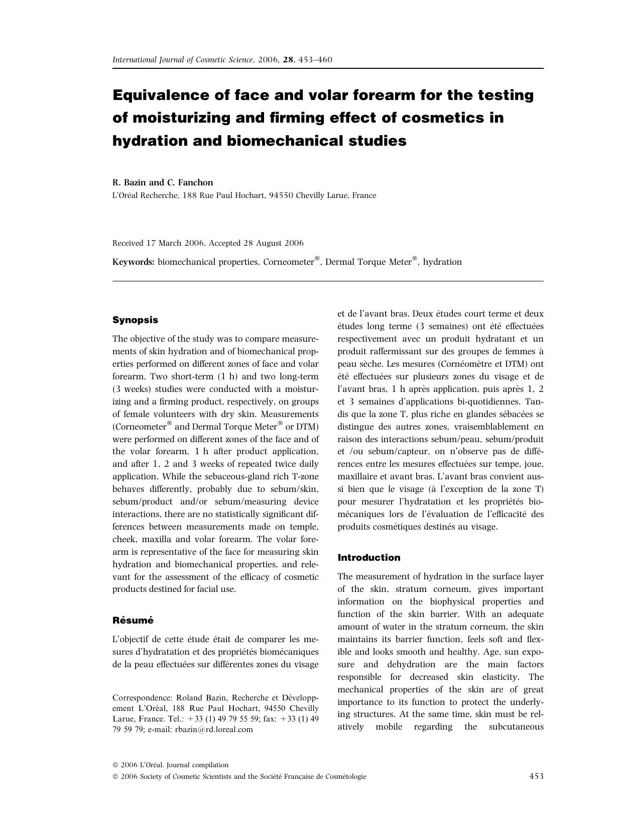 Equivalence of face and volar forearm for the testing of moisturizing and firming effect of cosmetics in hydration and biomechanical studies by Unknown