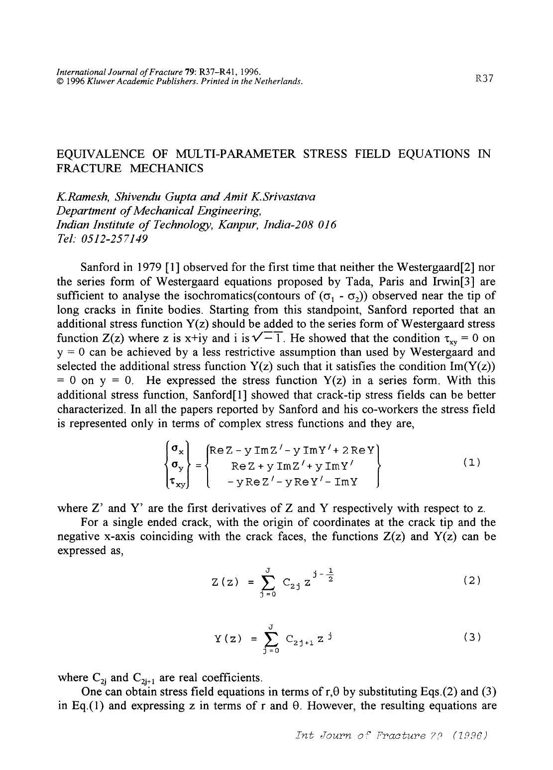 Equivalence of multi-parameter stress field equations in fracture mechanics by Unknown