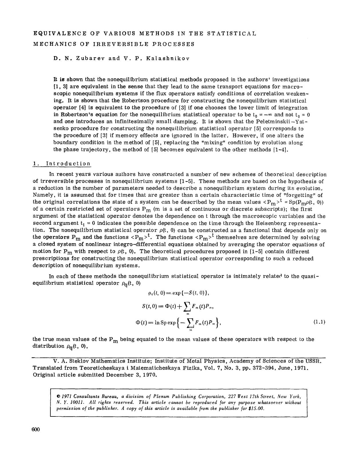 Equivalence of various methods in the statistical mechanics of irreversible processes by Unknown