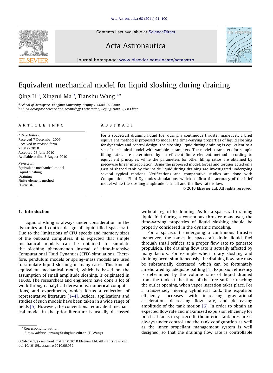 Equivalent mechanical model for liquid sloshing during draining by Qing Li & Xingrui Ma & Tianshu Wang