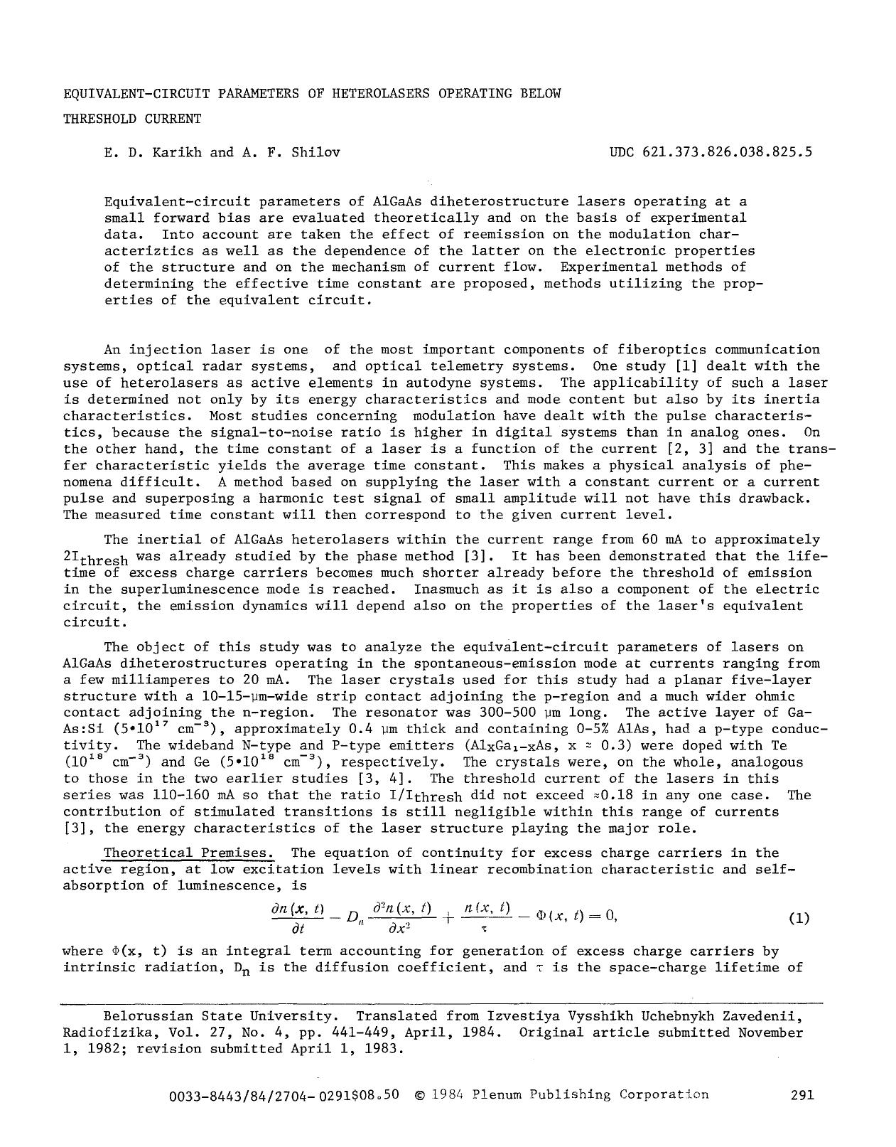 Equivalent-circuit parameters of heterolasers operating below threshold current by Unknown