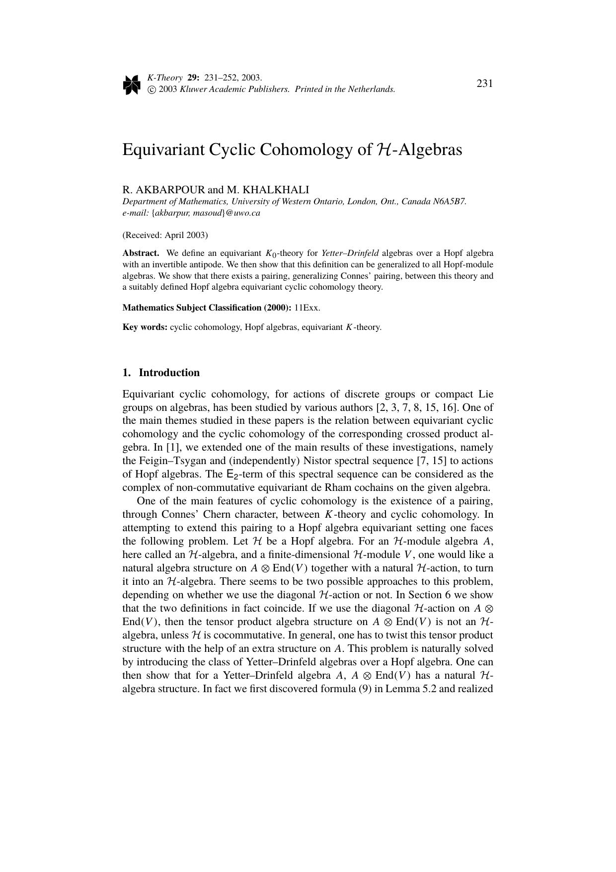 Equivariant Cyclic Cohomology of H-Algebras by Unknown