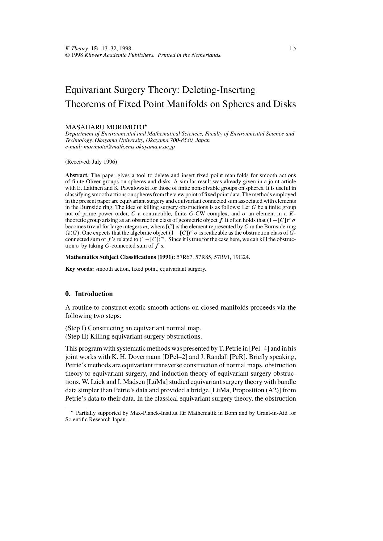 Equivariant Surgery Theory: Deleting-Inserting Theorems of Fixed Point Manifolds on Spheres and Disks by Unknown
