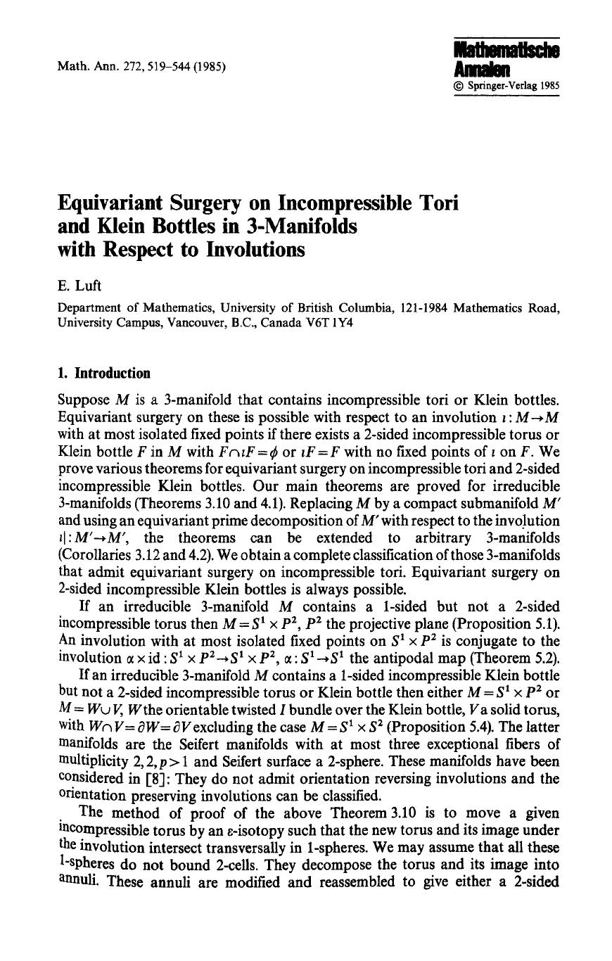 Equivariant surgery on incompressible tori and Klein bottles in 3-manifolds with respect to involutions by Unknown