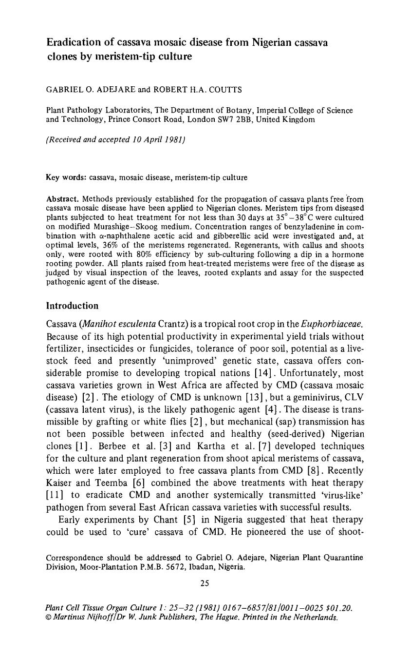 Eradication of cassava mosaic disease from Nigerian cassava clones by meristem-tip culture by Unknown