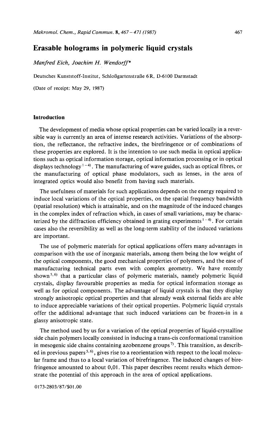 Erasable holograms in polymeric liquid crystals by Unknown