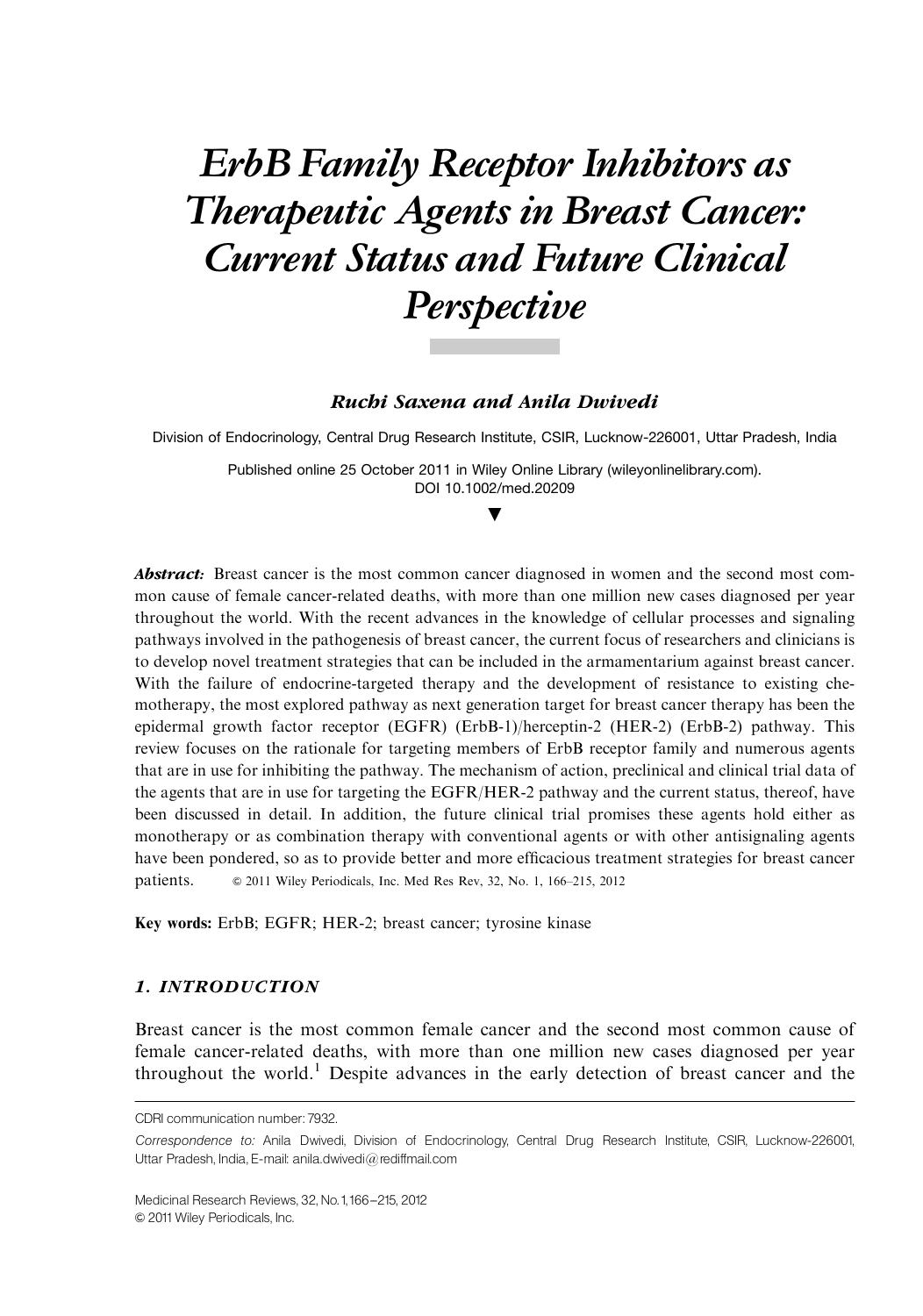 ErbB family receptor inhibitors as therapeutic agents in breast cancer: Current status and future clinical perspective by Unknown