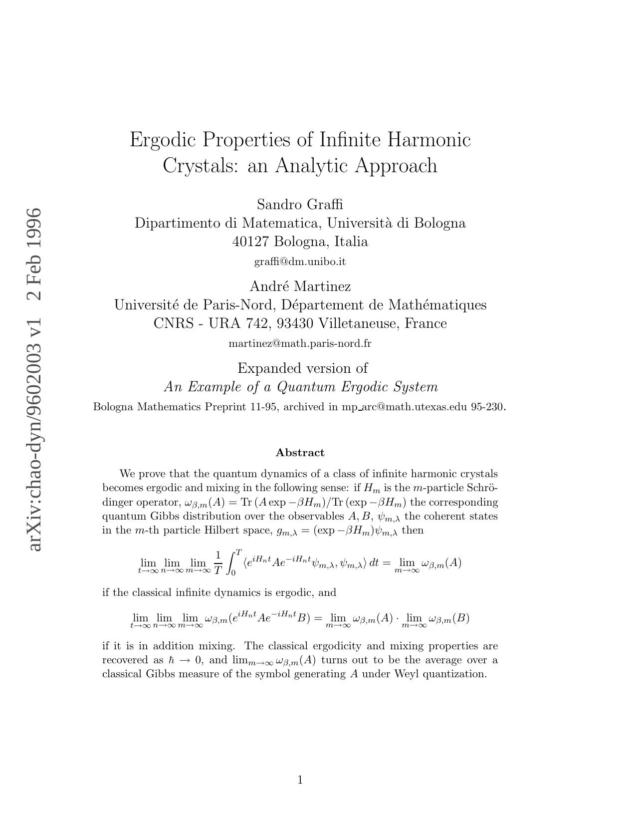 Ergodic Properties of Infinite Harmonic Crystals: an Analytic Approach by Graffi S.; Martinez A