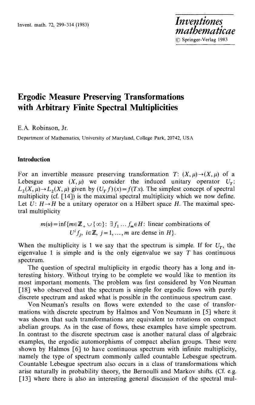 Ergodic measure preserving transformations with arbitrary finite spectral multiplicities by Unknown