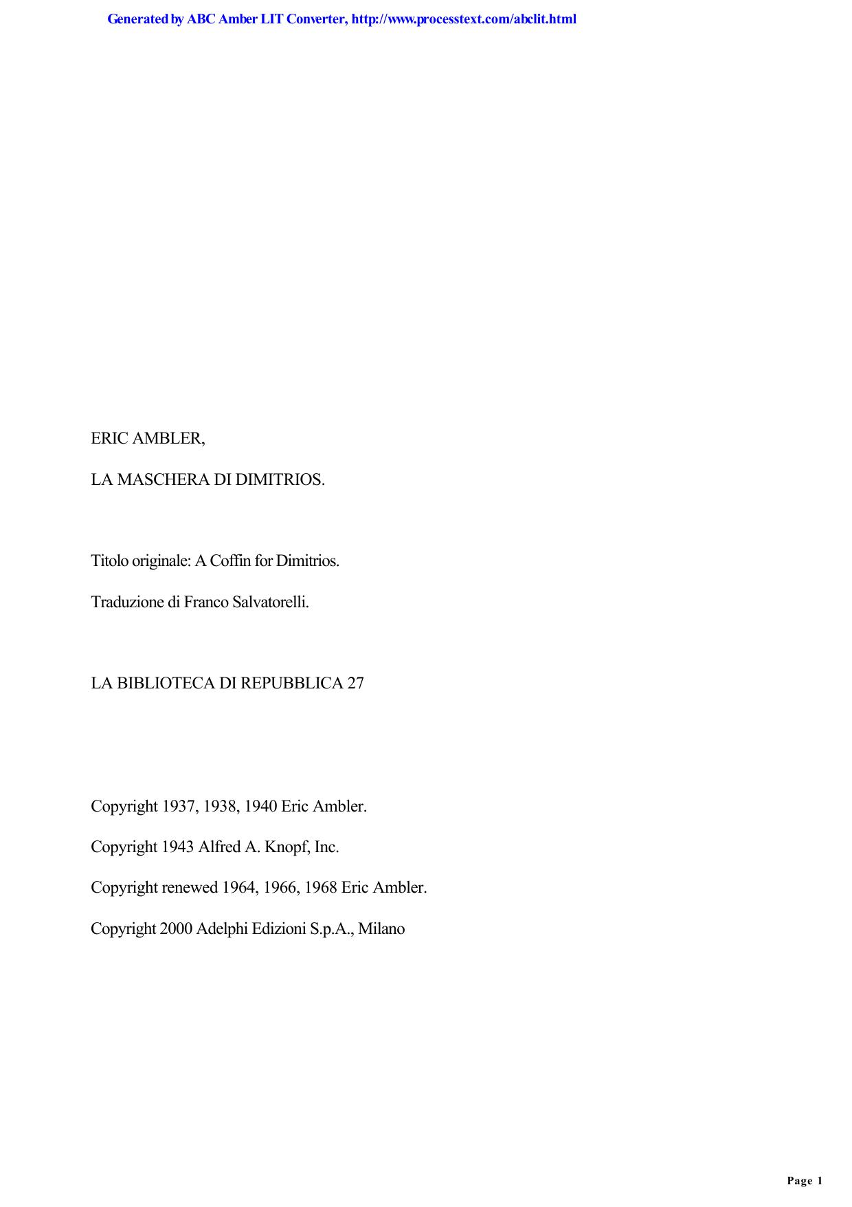 Eric Ambler by La maschera di Dimitrios