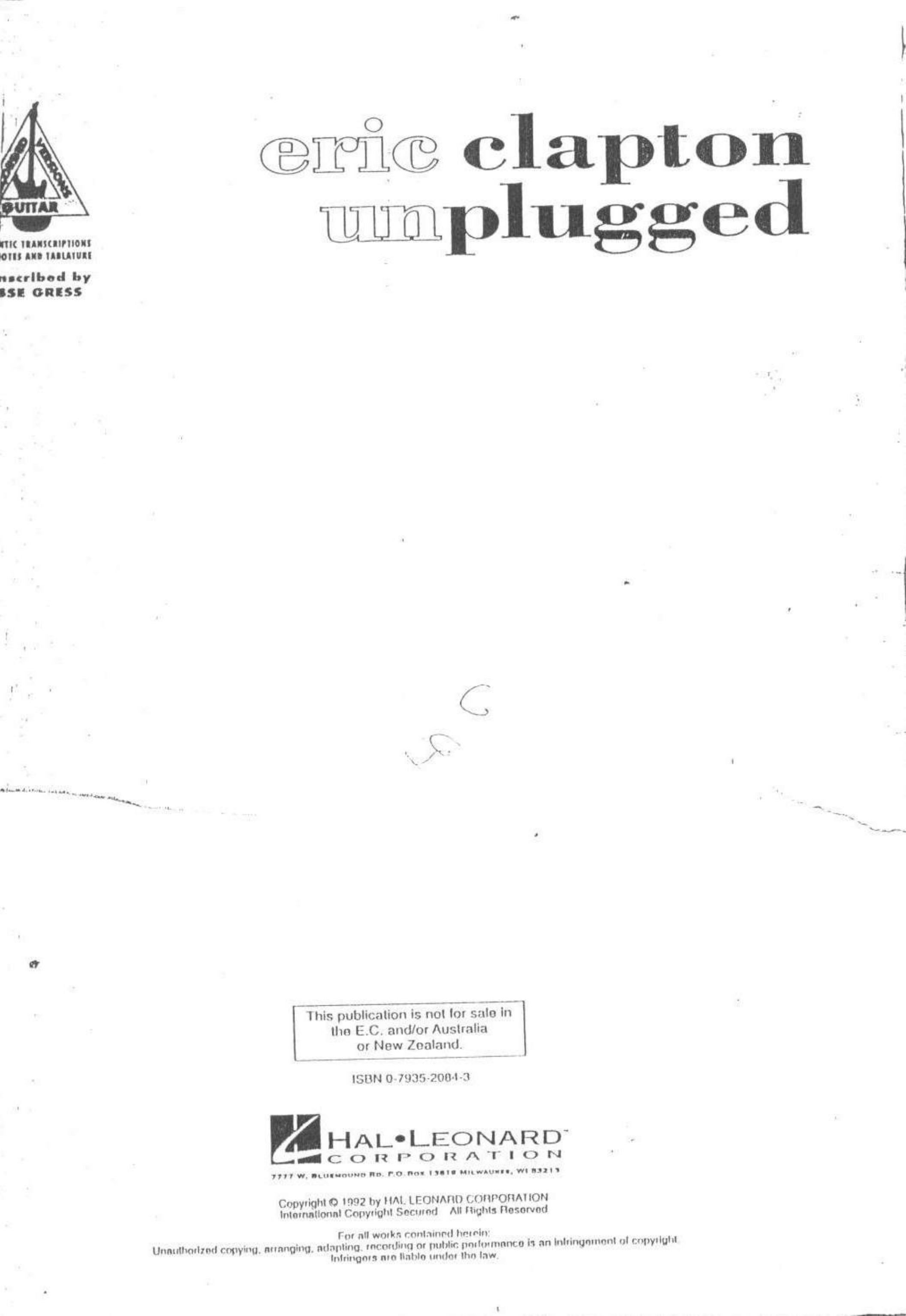 Eric Clapton Unplugged Guitar SongBook by Unknown