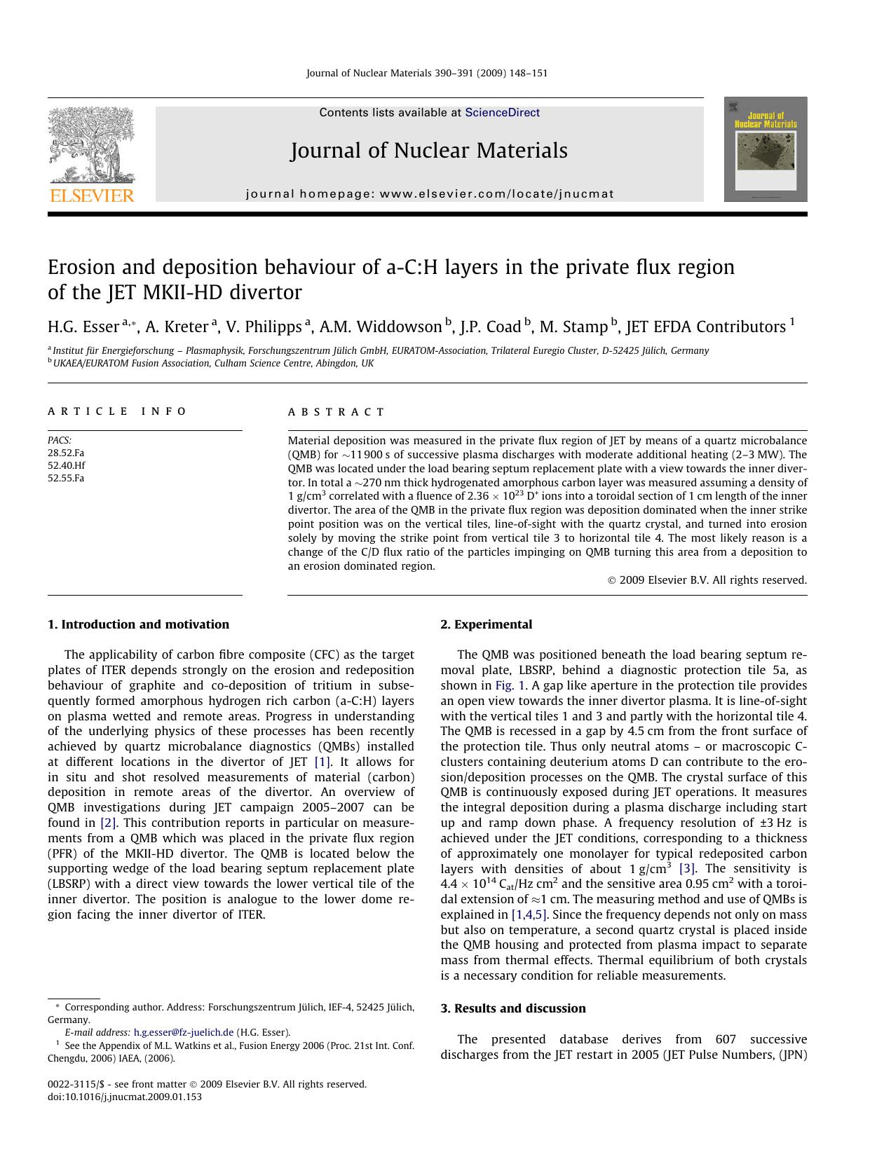 Erosion and deposition behaviour of a-C:H layers in the private flux region of the JET MKII-HD divertor by H.G. Esser; A. Kreter; V. Philipps; A.M. Widdowson; J.P. Coad; M. Stamp; JET EFDA Contributors