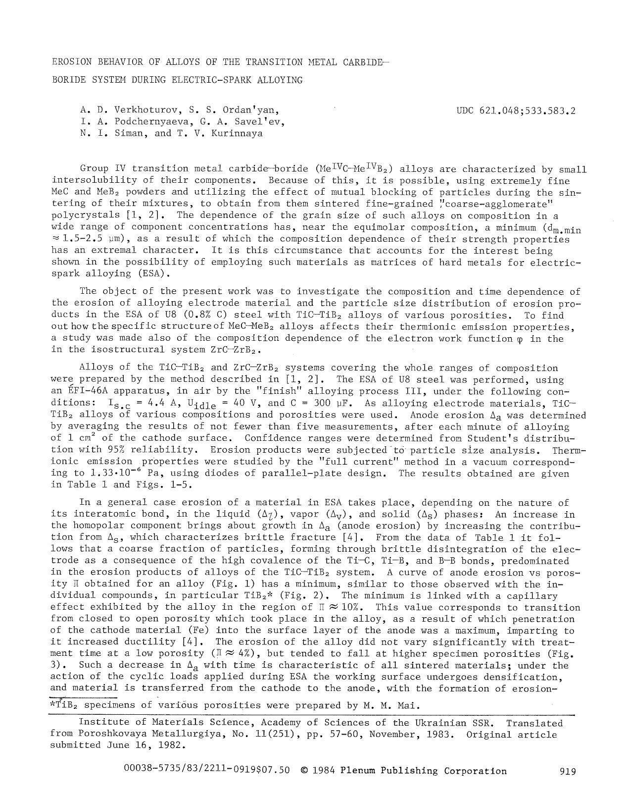 Erosion behavior of alloys of the transition metal carbide-boride system during electric-spark alloying by Unknown