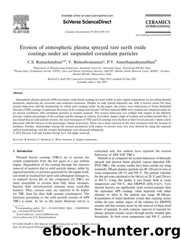Erosion of atmospheric plasma sprayed rare earth oxide coatings under air suspended corundum particles by C.S. Ramachandran & V. Balasubramanian & P.V. Ananthapadmanabhan