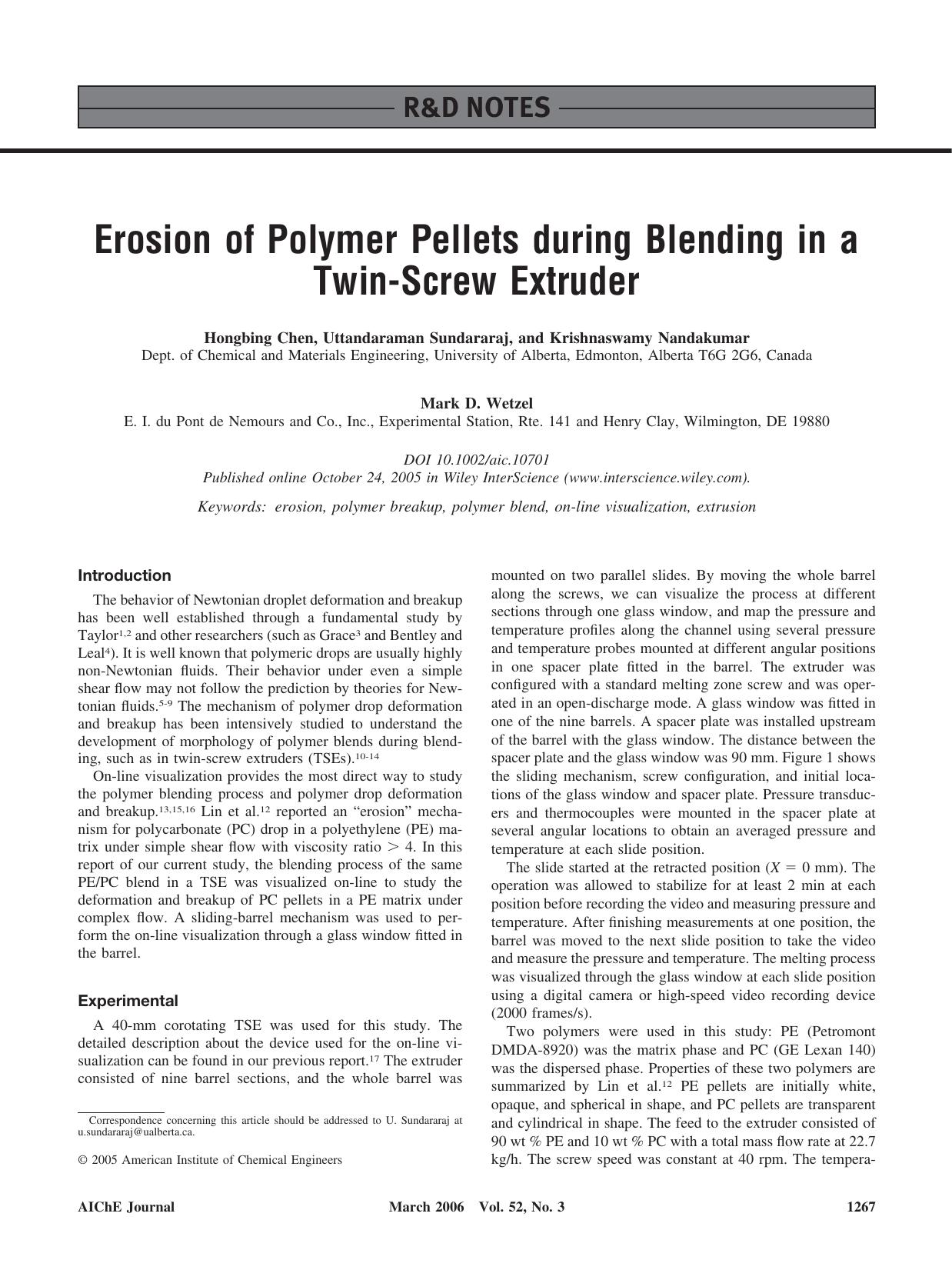 Erosion of polymer pellets during blending in a twin-screw extruder by Unknown