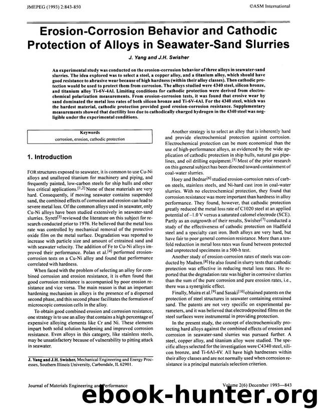 Erosion-corrosion behavior and cathodic protection of alloys in seawater-sand slurries by Unknown