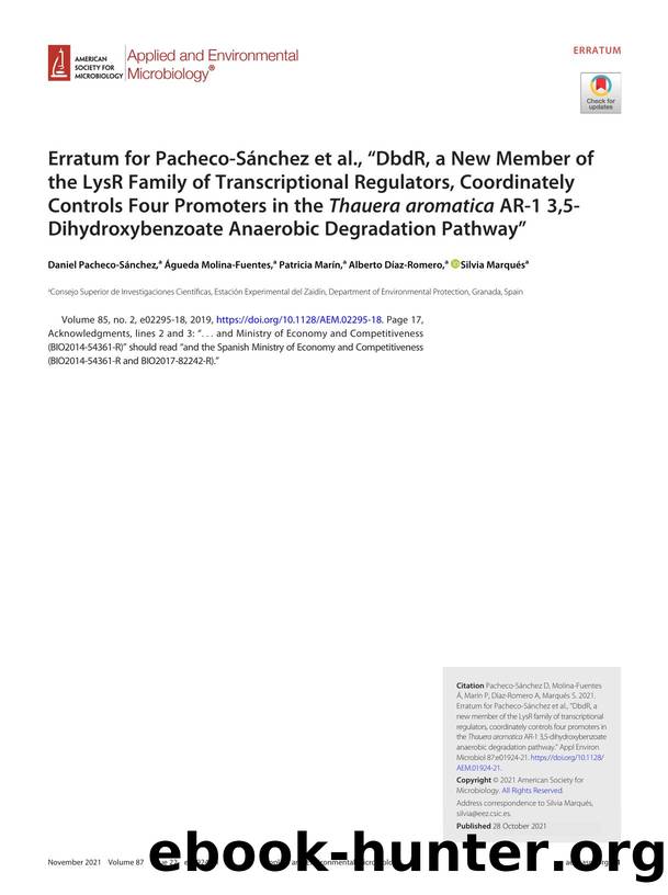 Erratum for Pacheco-SÃ¡nchez et al., âDbdR, a New Member of the LysR Family of Transcriptional Regulators, Coordinately Controls Four Promoters in the Thauera aromatica AR-1 3,5- by unknow