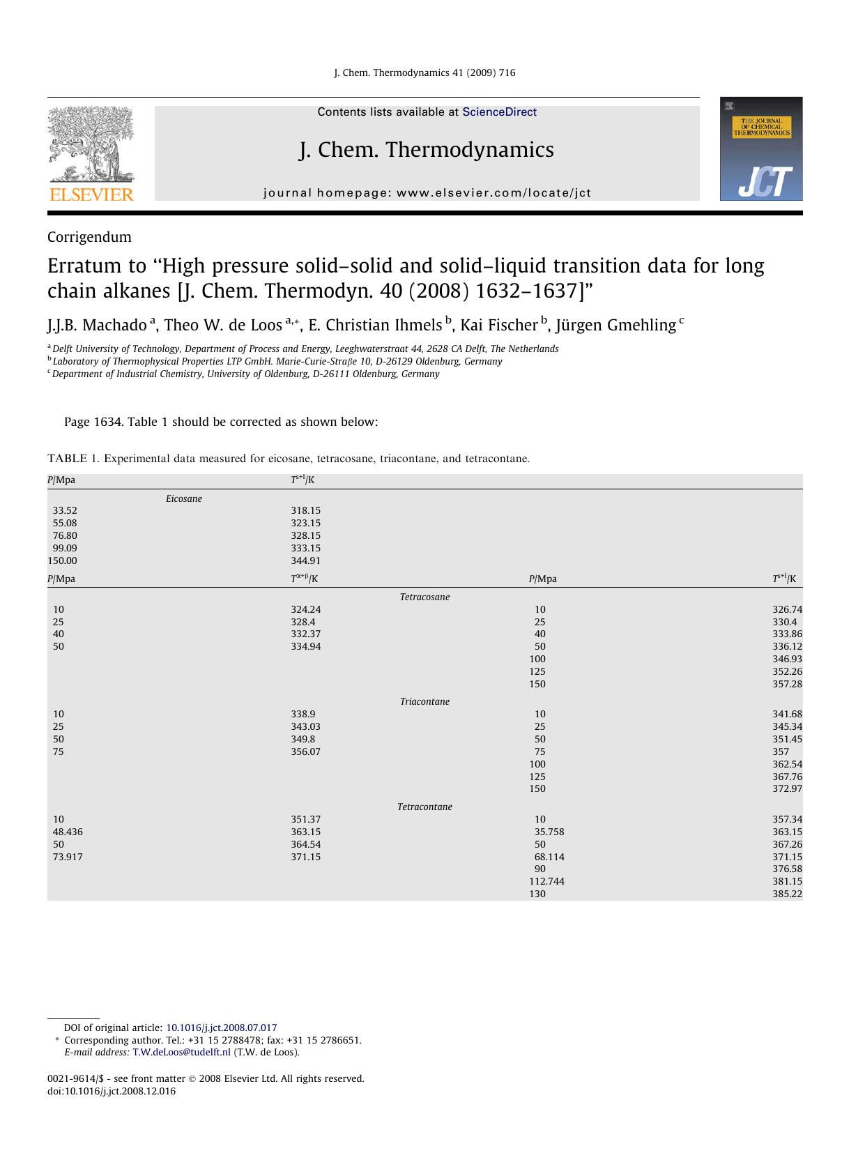 Erratum to âHigh pressure solidâsolid and solidâliquid transition data for long chain alkanes [J. Chem. Thermodyn. 40 (2008) 1632â1637]â by J.J.B. Machado; Theo W. de Loos; E. Christian Ihmels; Kai Fischer; Jürgen Gmehling