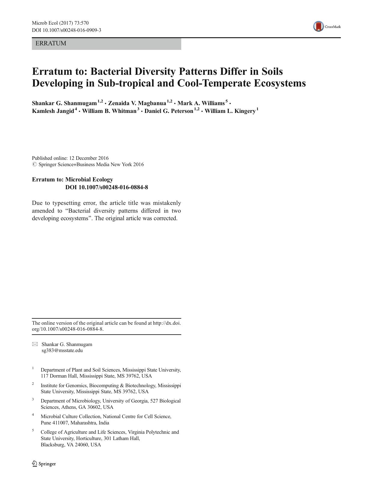 Erratum to: Bacterial Diversity Patterns Differ in Soils Developing in Sub-tropical and Cool-Temperate Ecosystems by unknow