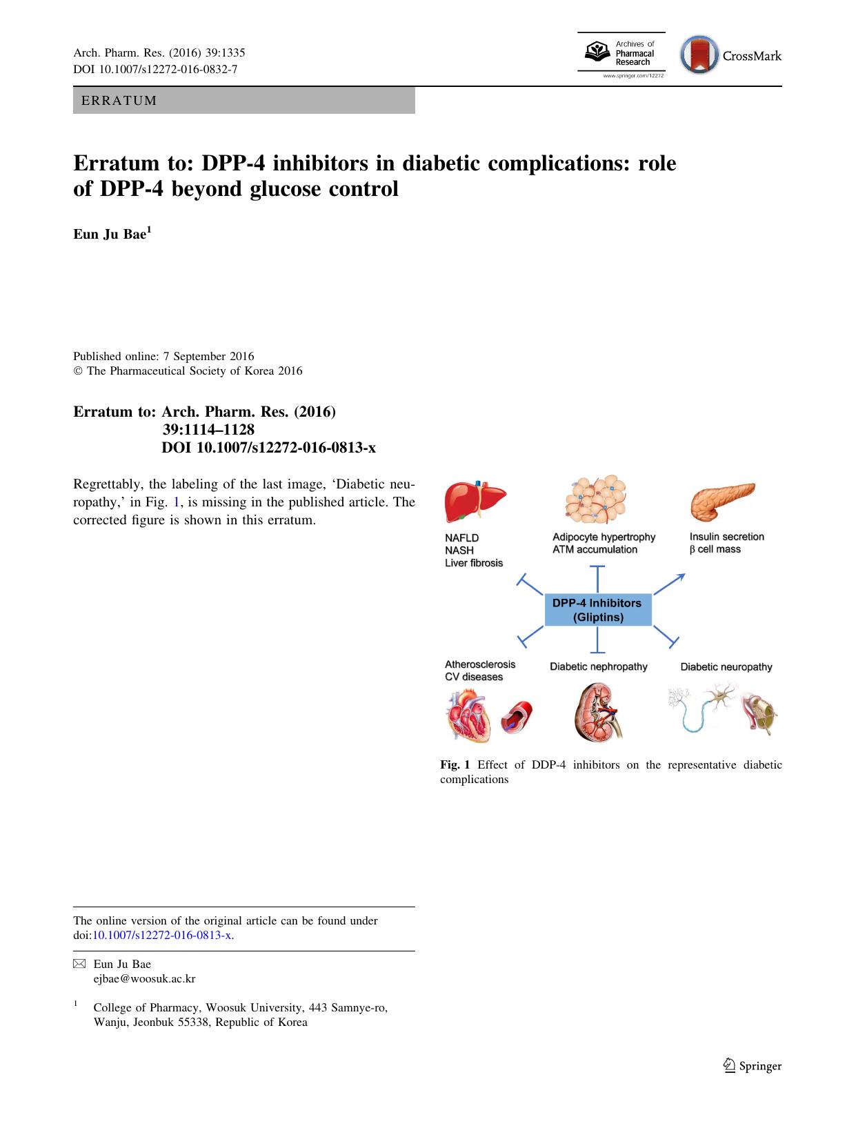 Erratum to: DPP-4 inhibitors in diabetic complications: role of DPP-4 beyond glucose control by Eun Ju Bae