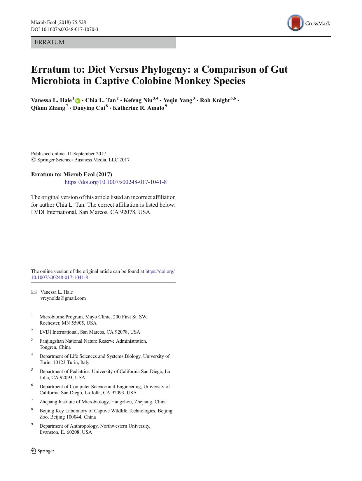 Erratum to: Diet Versus Phylogeny: a Comparison of Gut Microbiota in Captive Colobine Monkey Species by unknow