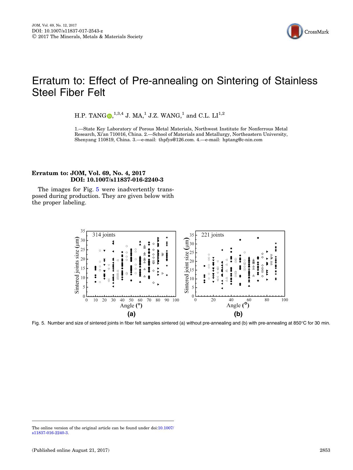Erratum to: Effect of Pre-annealing on Sintering of Stainless Steel Fiber Felt by H. P. Tang & J. Ma & J. Z. Wang & C. L. Li