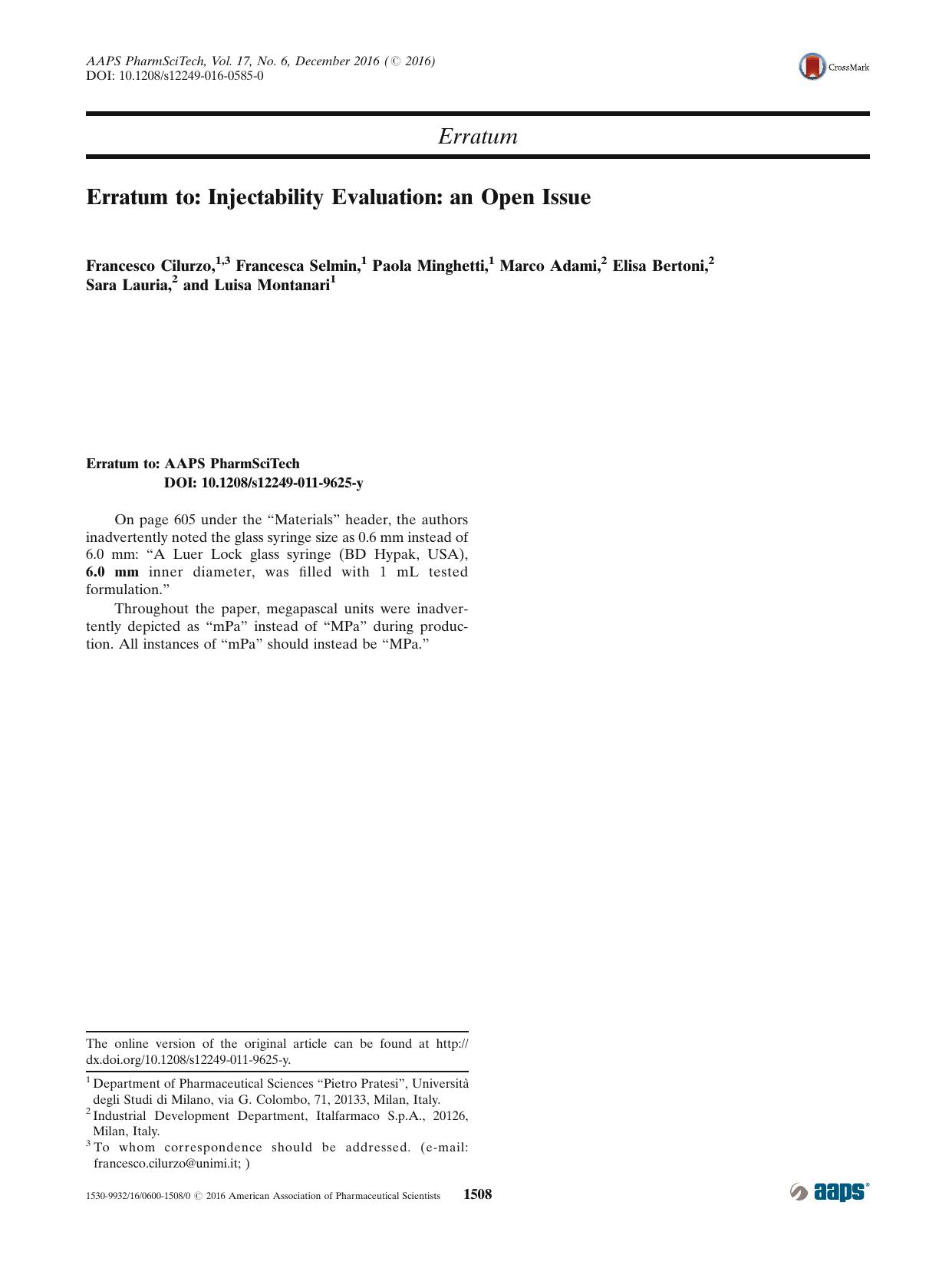 Erratum to: Injectability Evaluation: an Open Issue by unknow
