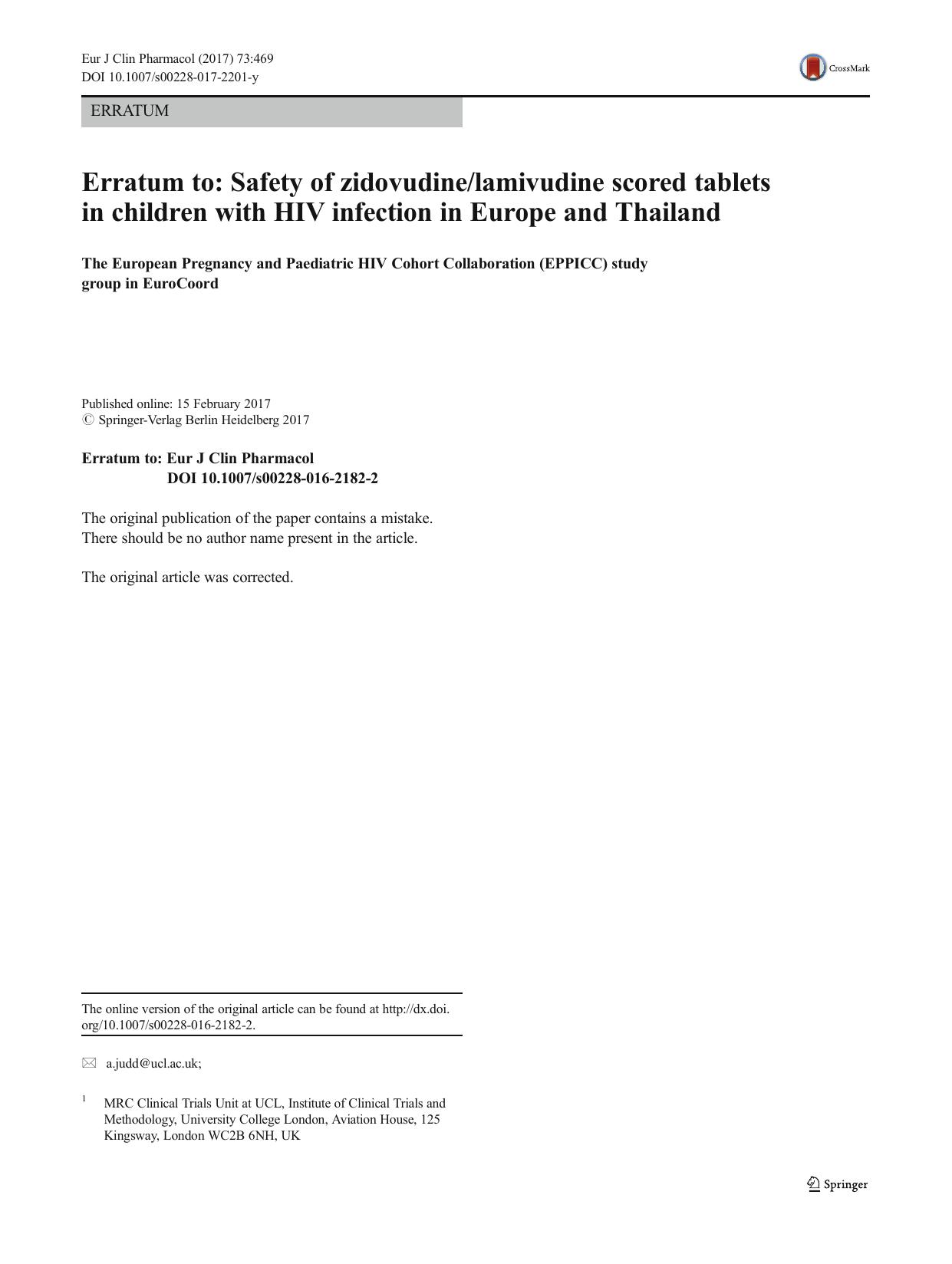 Erratum to: Safety of zidovudinelamivudine scored tablets in children with HIV infection in Europe and Thailand by Unknown