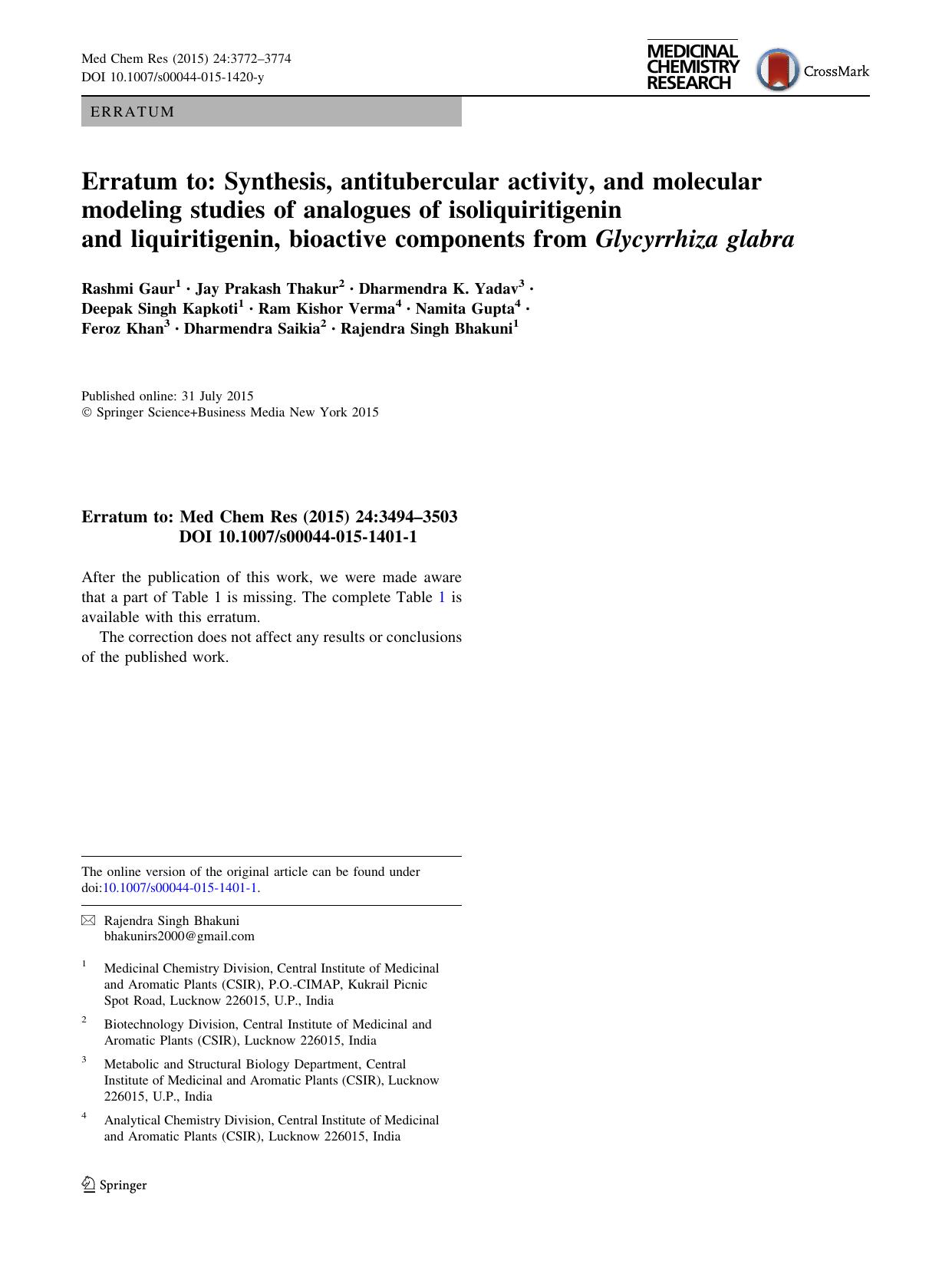 Erratum to: Synthesis, antitubercular activity, and molecular modeling studies of analogues of isoliquiritigenin and liquiritigenin, bioactive components from Glycyrrhiza glabra by unknow