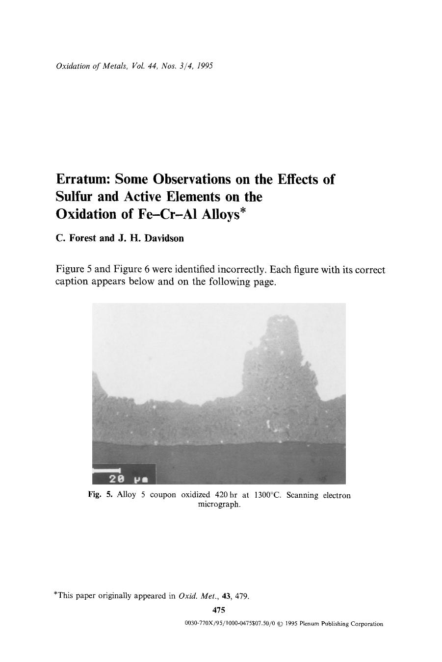 Erratum: Some observations on the effects of sulfur and active elements on the oxidation of Fe-Cr-Al alloys by Unknown