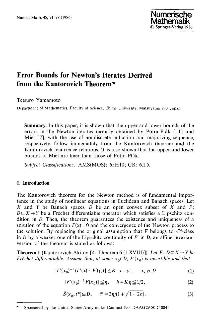 Error bounds for Newton's iterates derived from the Kantorovich theorem by Unknown
