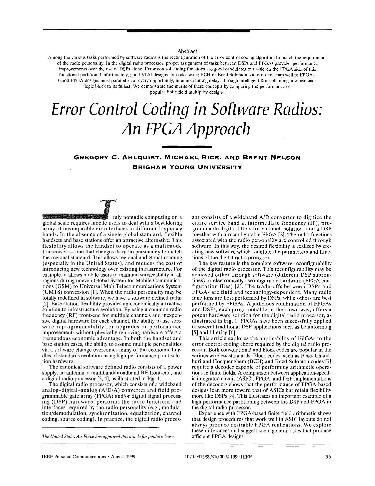 Error control coding in software radios: An FPGA approach - IEEE Personal Communications by IEEE