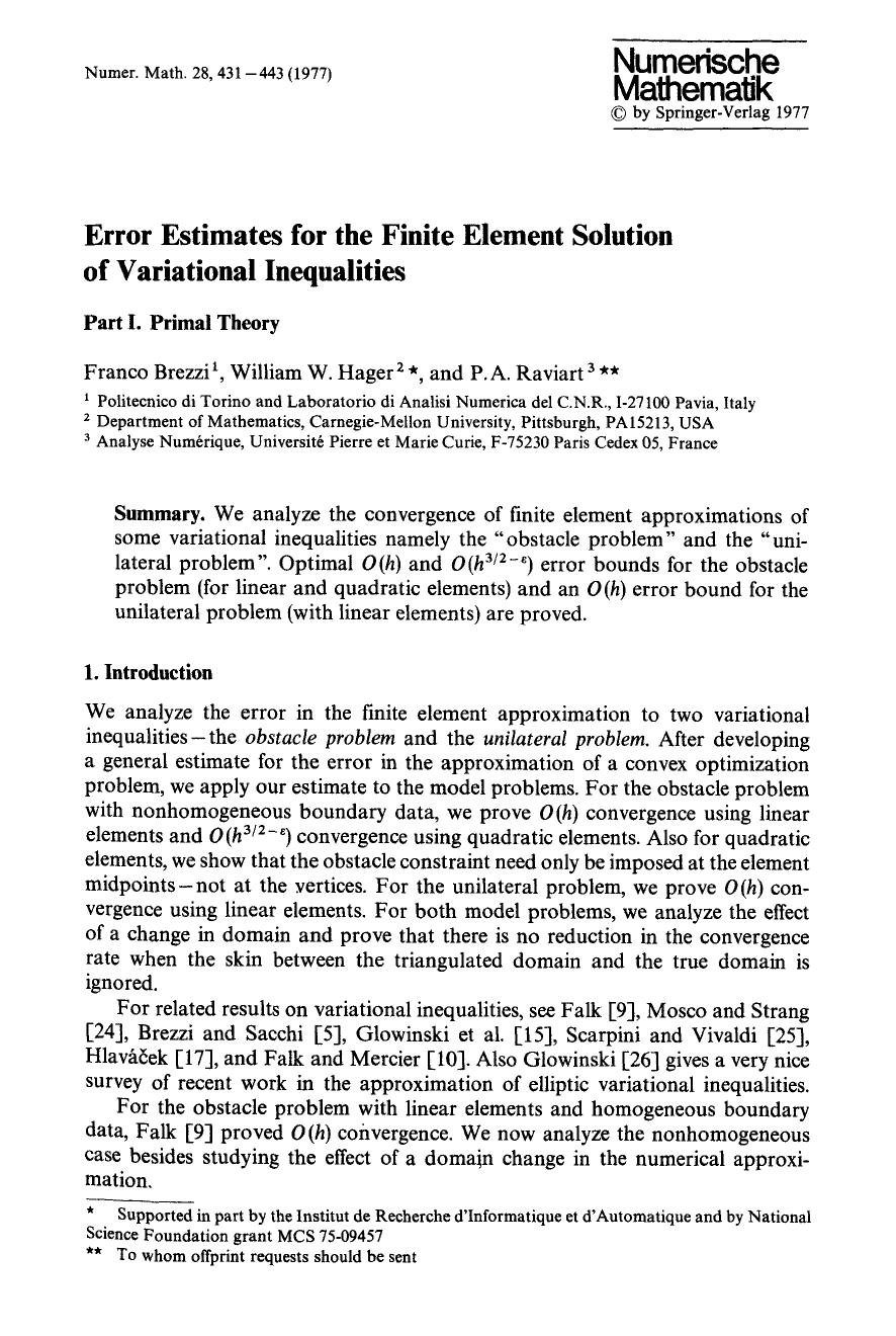 Error estimates for the finite element solution of variational inequalities by Unknown