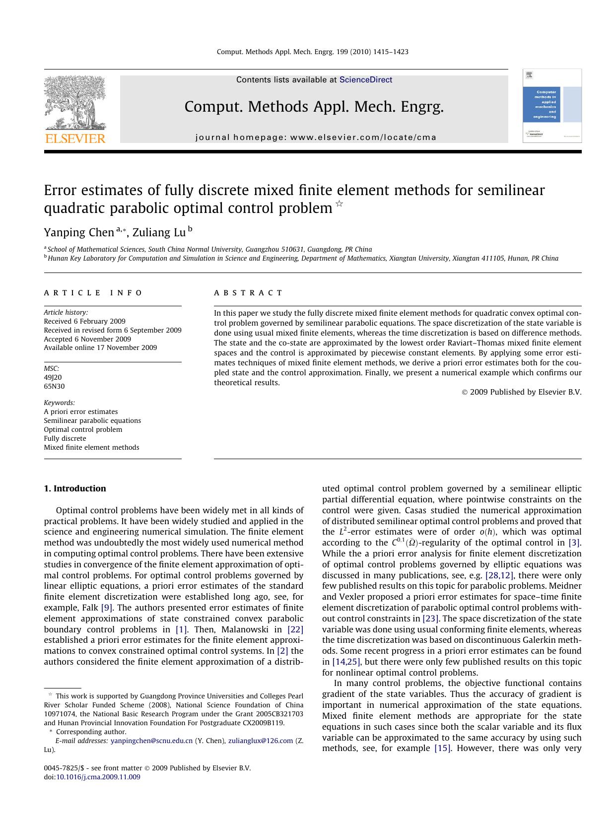 Error estimates of fully discrete mixed finite element methods for semilinear quadratic parabolic optimal control problem by Yanping Chen; Zuliang Lu