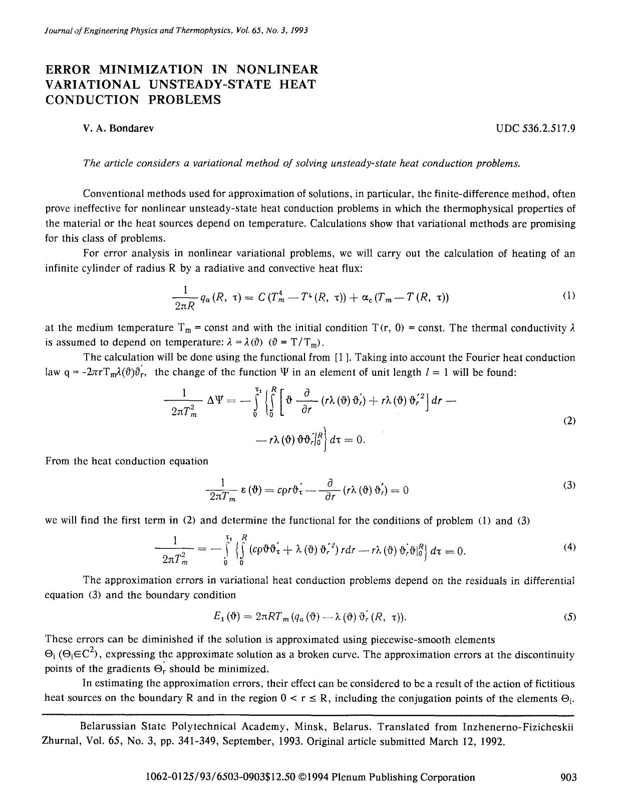 Error minimization in nonlinear variational unsteady-state heat conduction problems by Unknown