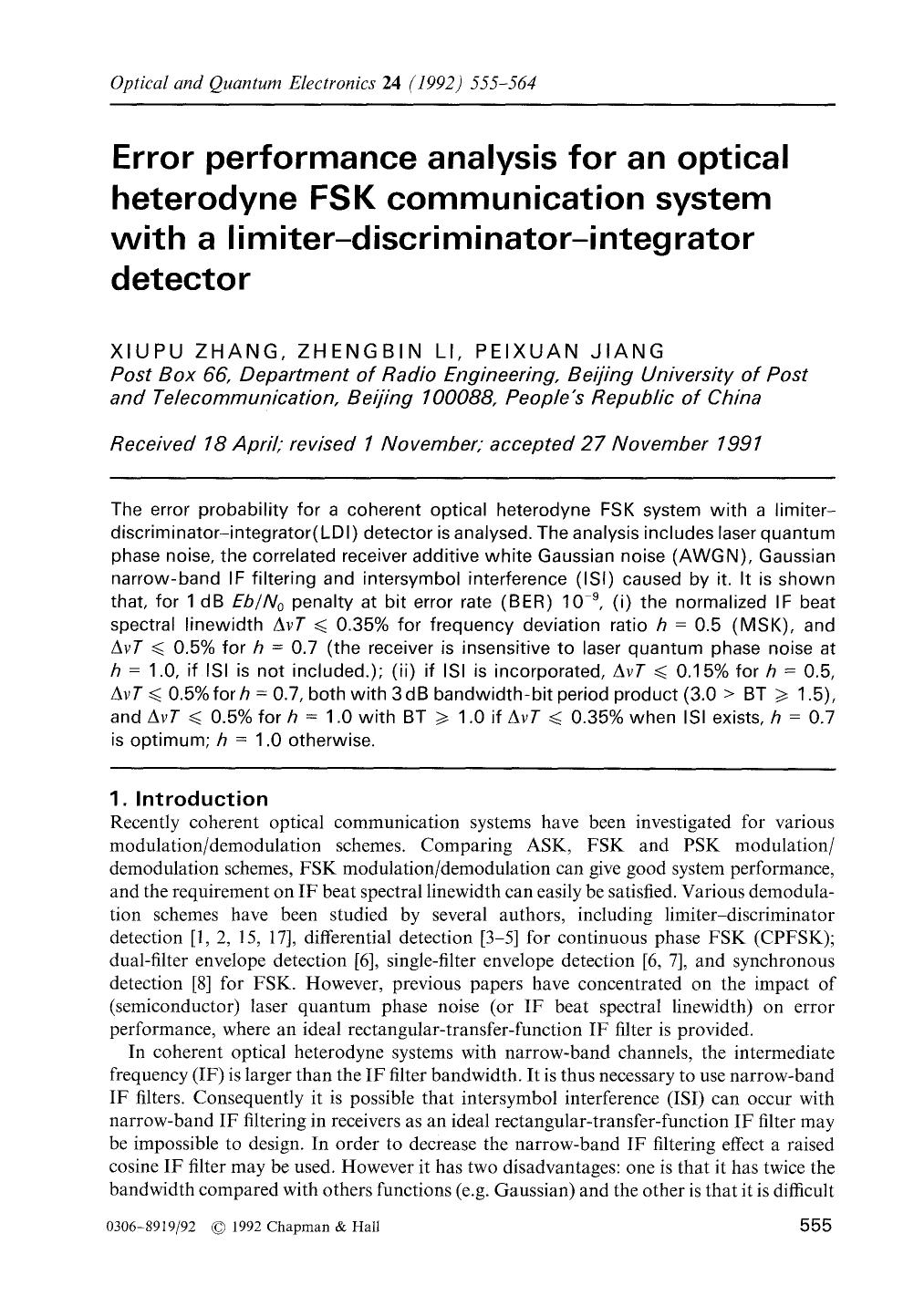 Error performance analysis for an optical heterodyne FSK communication system with a limiter-discriminator-integrator detector by Unknown