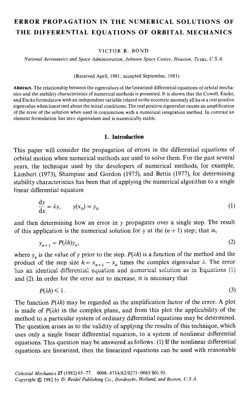 Error propagation in the numerical solutions of the differential equations of orbital mechanics by Unknown