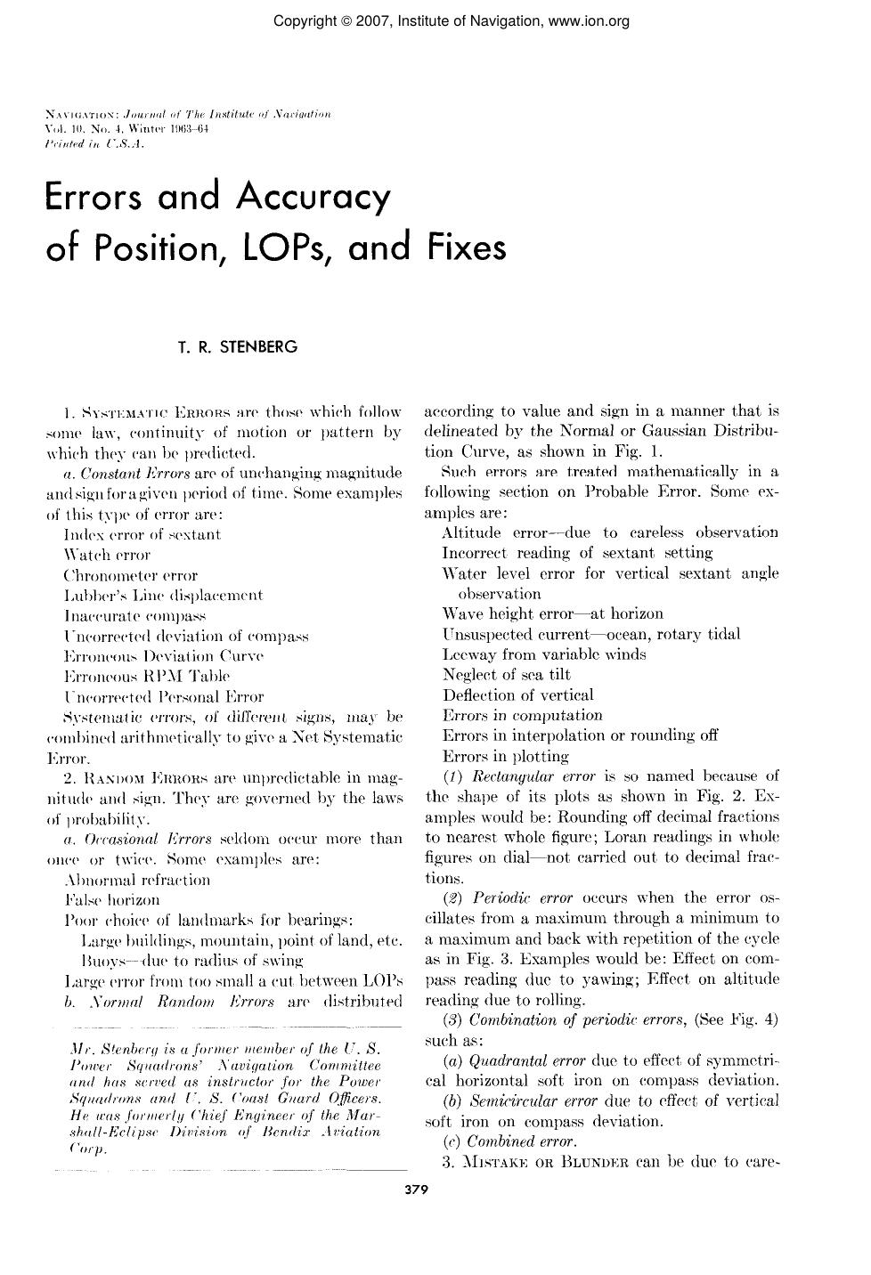 Errors and Accuracy of Position, LOPS, and Fixes by T. R. STENBERG